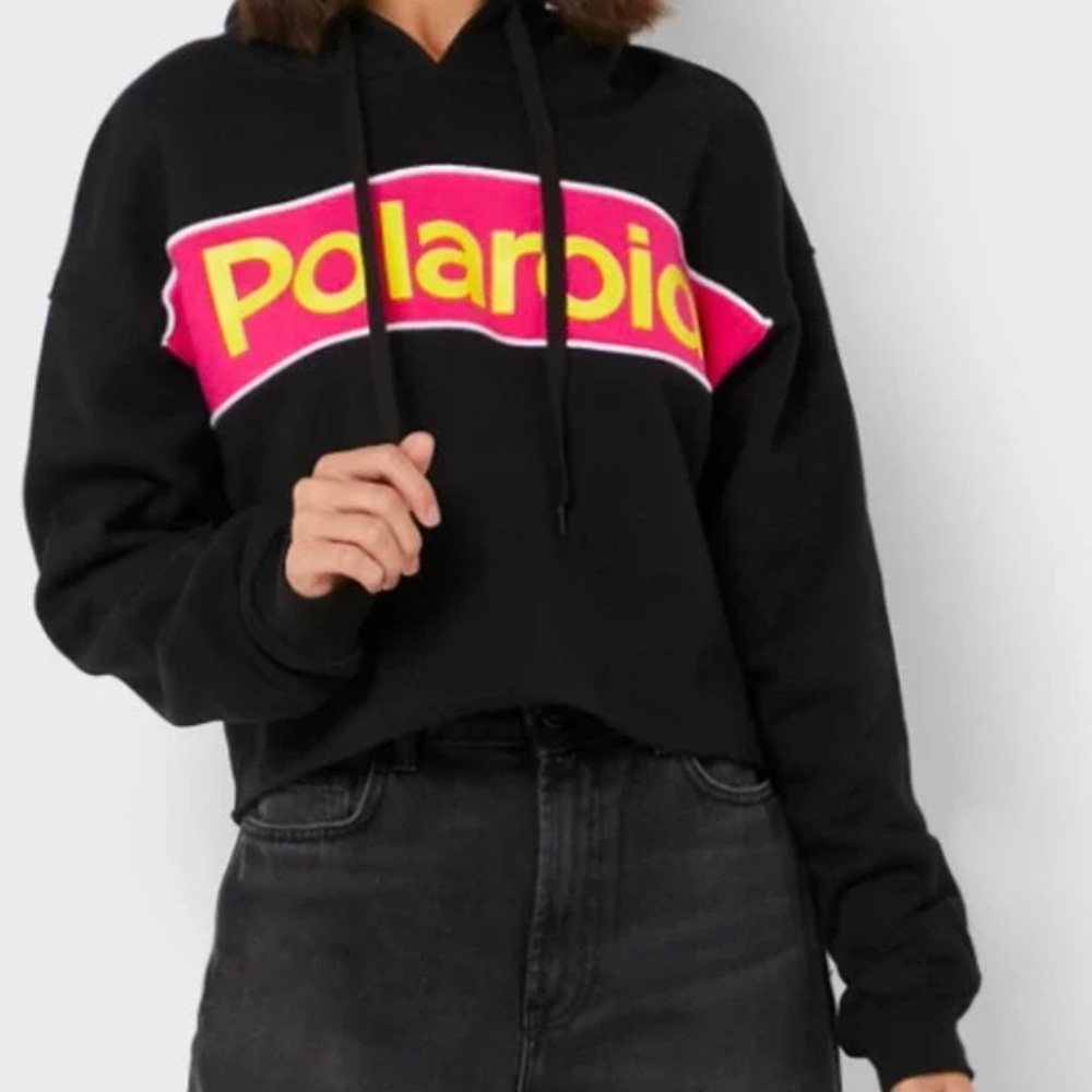 Polaroid Cropped Black Hoodie with Pink and Yellow Logo (Medium)